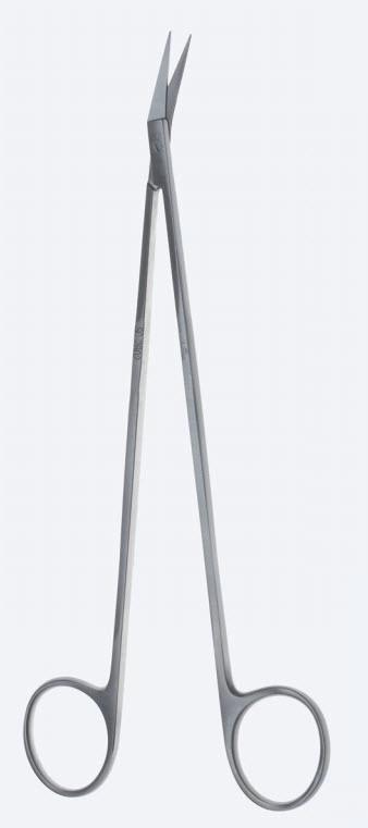 Ножиці Reul, судинні, делікатні, тонкі леза, вигнуті, під кутом 60°, гострокінцеві, загальна довжина 190 мм. Бренд - Asanus Medizintechnik Gmb, Німеччина